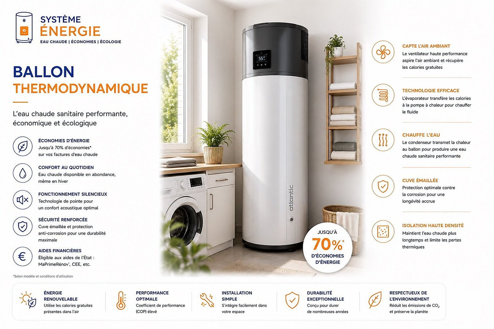 Ballon thermodynamique pour produire une eau chaude sanitaire économique