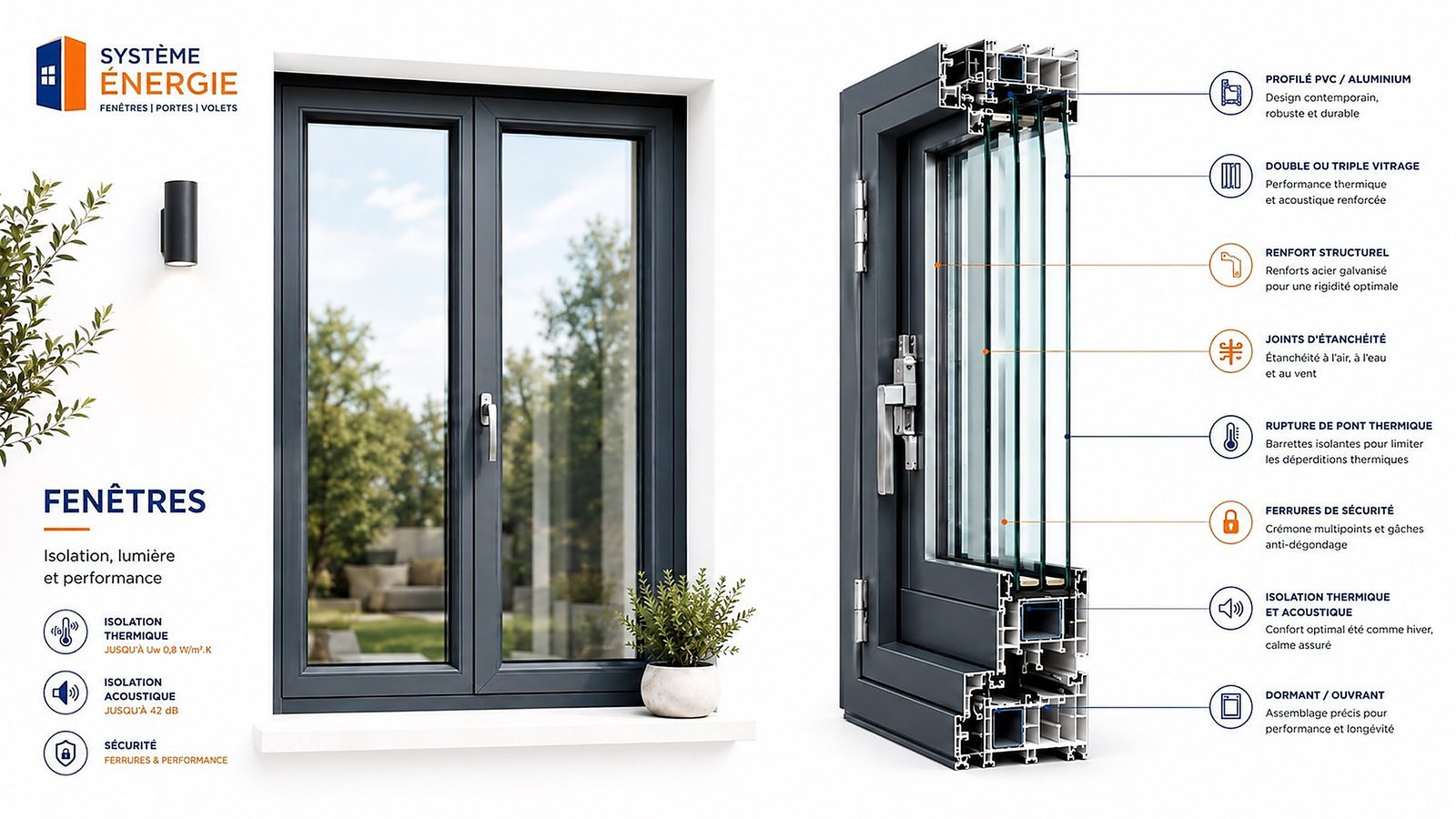 Fenêtre PVC ou aluminium avec double ou triple vitrage, isolation thermique et ferrures de sécurité