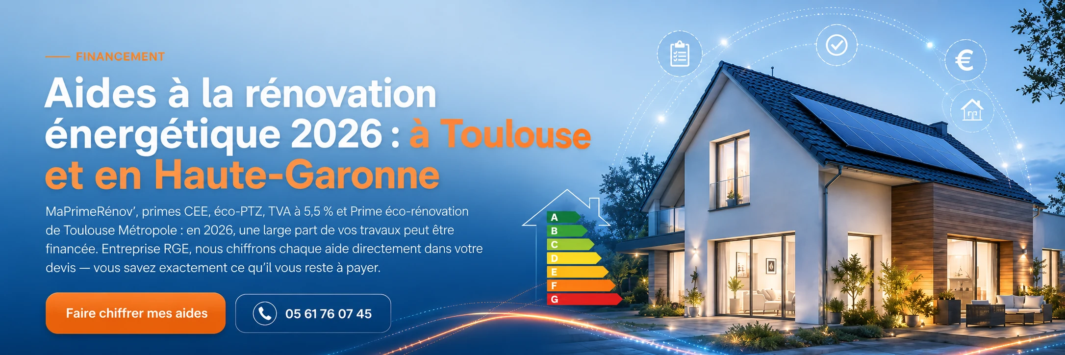 Aides à la rénovation énergétique 2026 à Toulouse et en Haute-Garonne : maison rénovée avec panneaux solaires et étiquette énergie