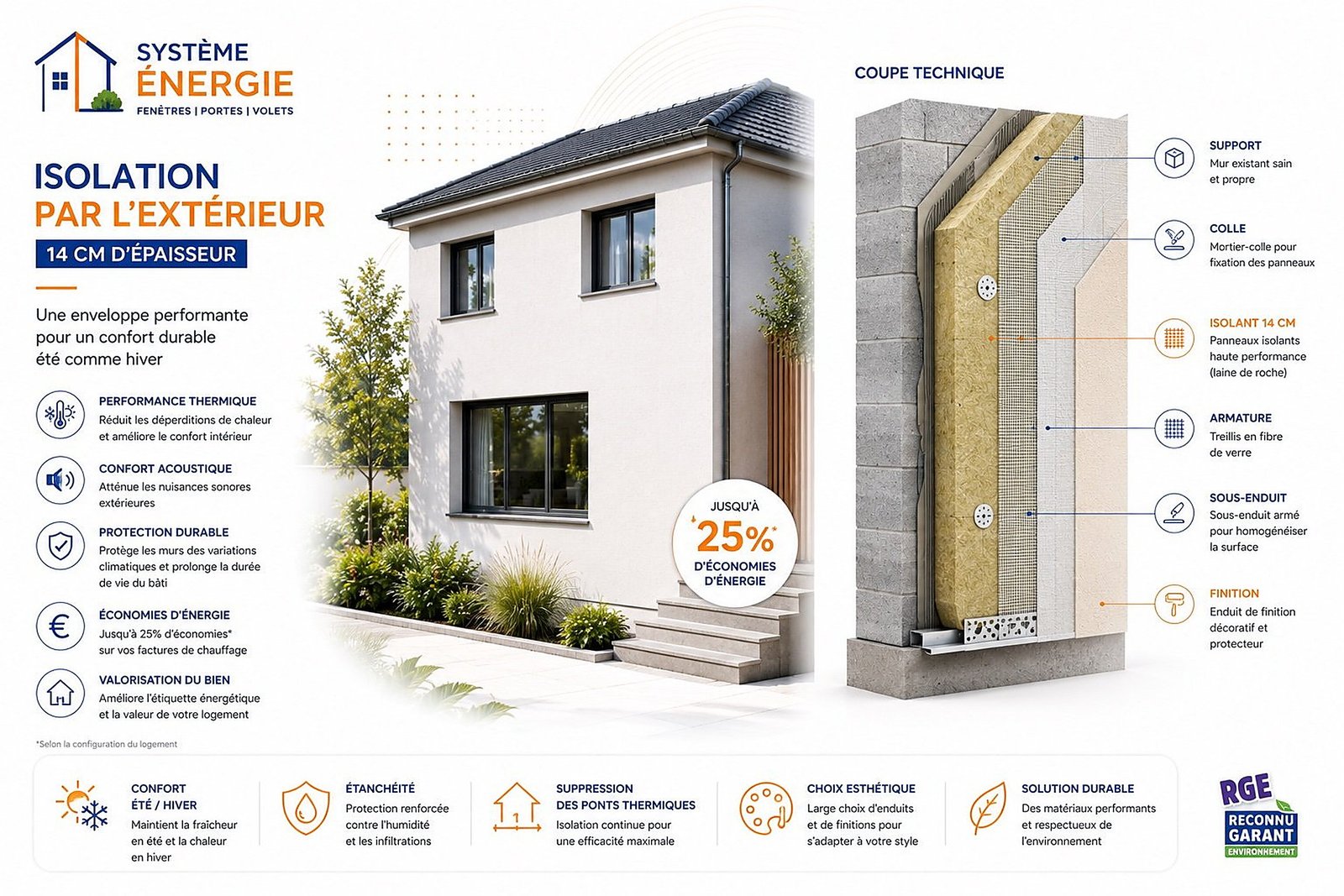 Isolation thermique par l'extérieur d'une maison avec coupe technique de l'isolant de 14 cm