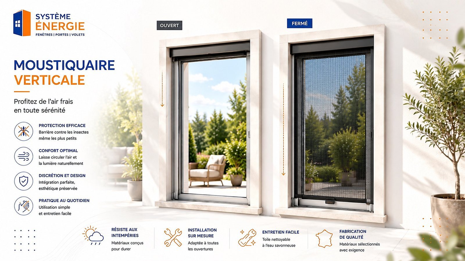 Moustiquaire verticale sur mesure présentée ouverte et fermée sur une fenêtre