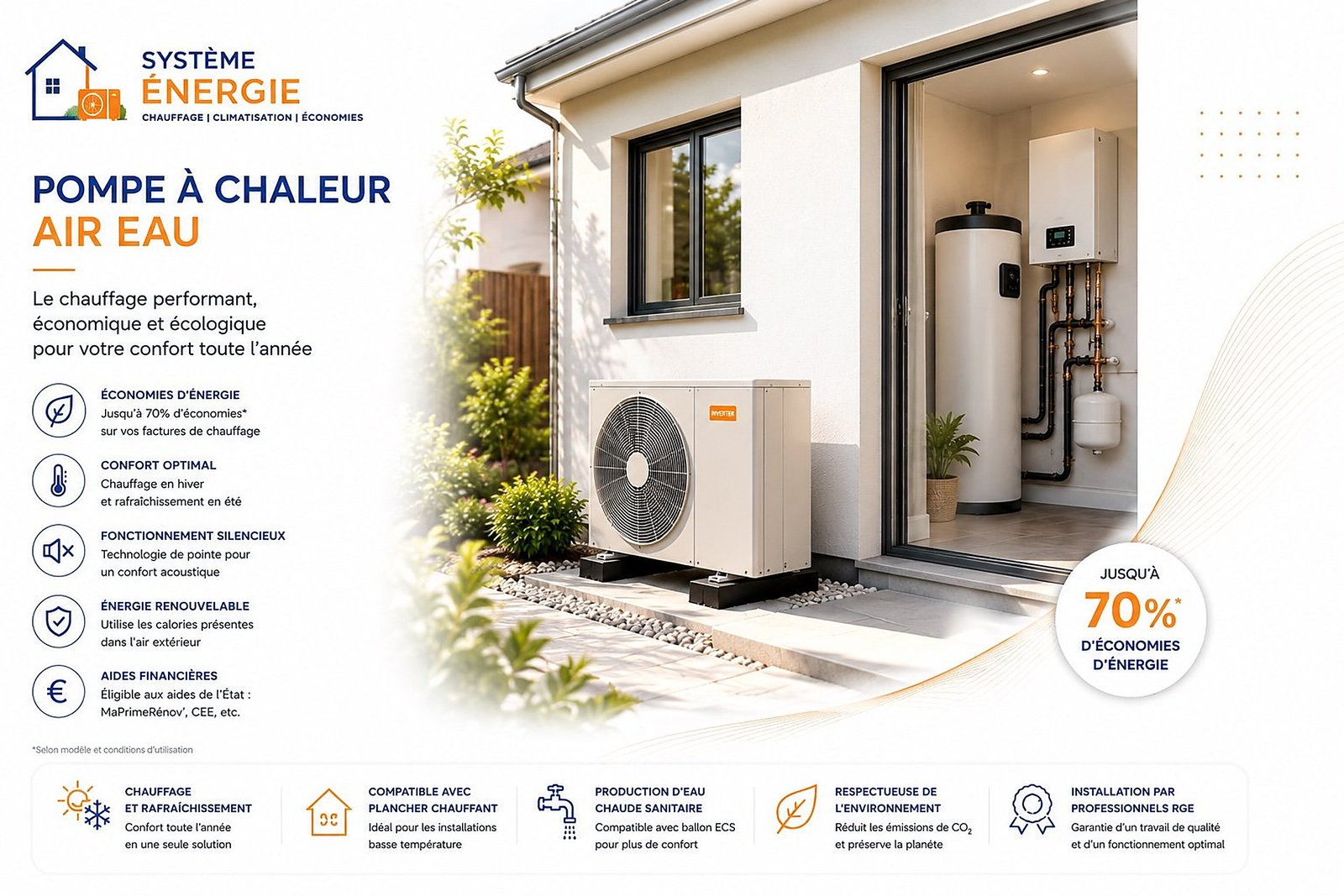 Pompe à chaleur air eau avec unité extérieure et production de chauffage et d'eau chaude