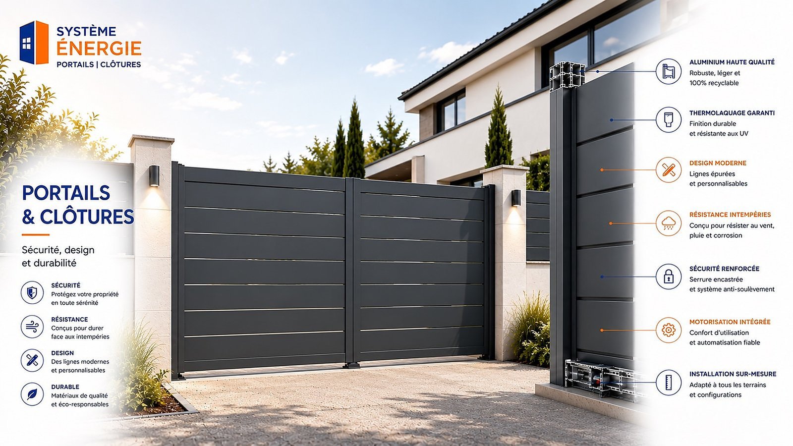 Portail et clôture en aluminium avec motorisation et coupe technique