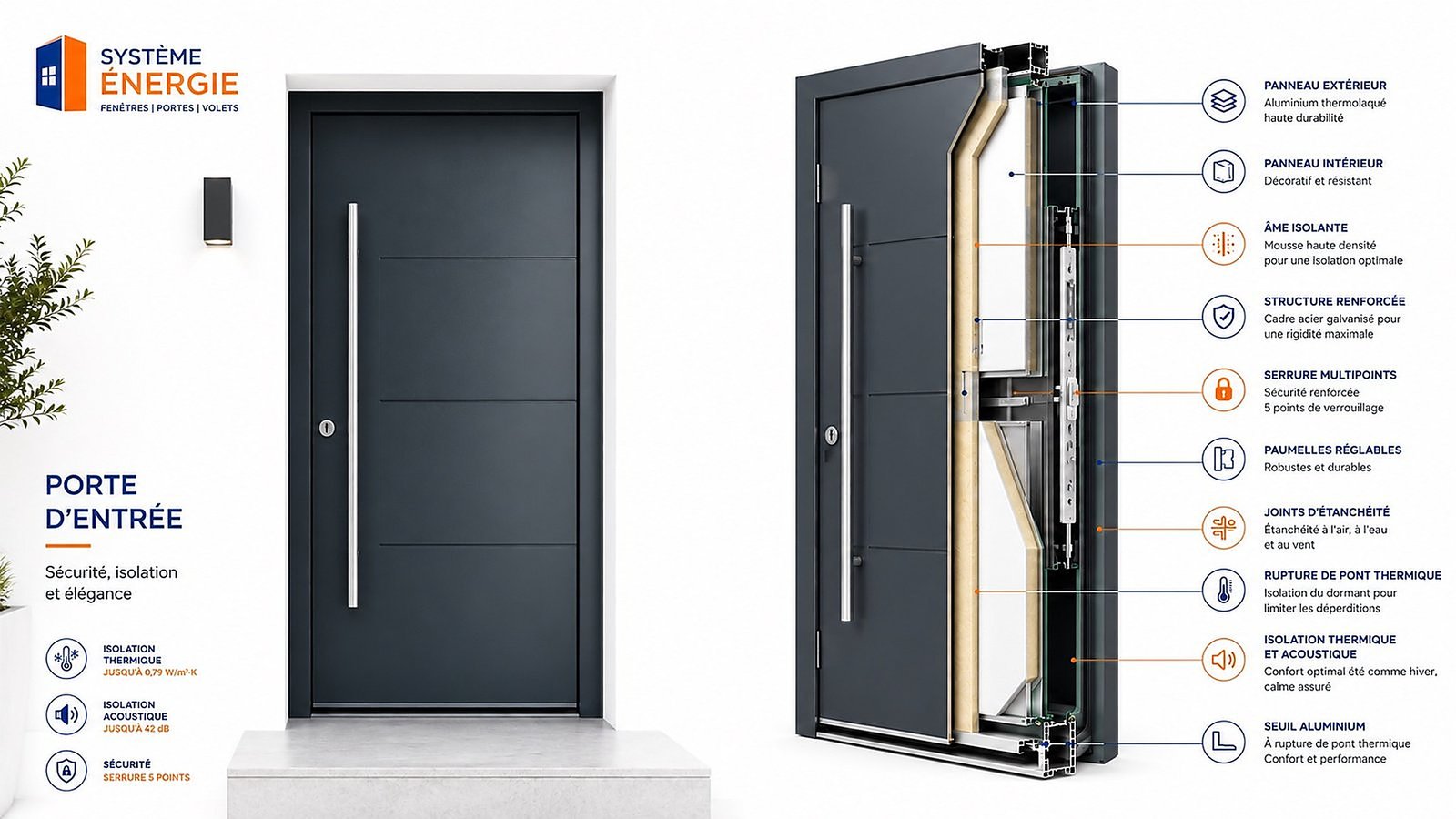 Porte d'entrée en aluminium : structure, isolation thermique, serrure multipoints et composants