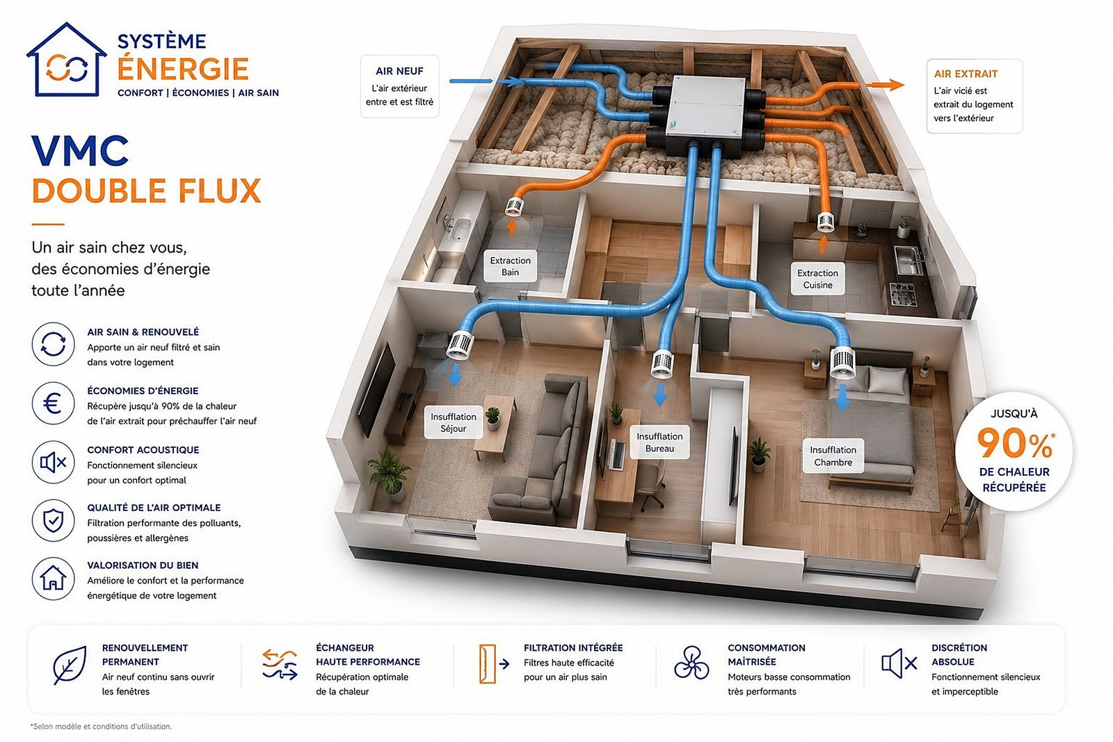 Schéma d'une VMC double flux avec récupération de chaleur et réseau de ventilation