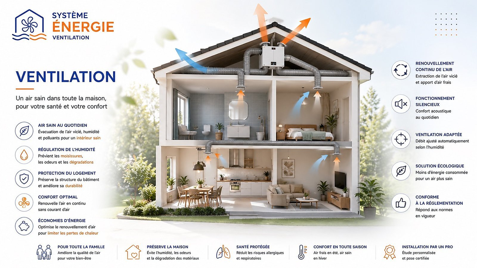 VMC hygroréglable A assurant le renouvellement de l'air dans toute la maison